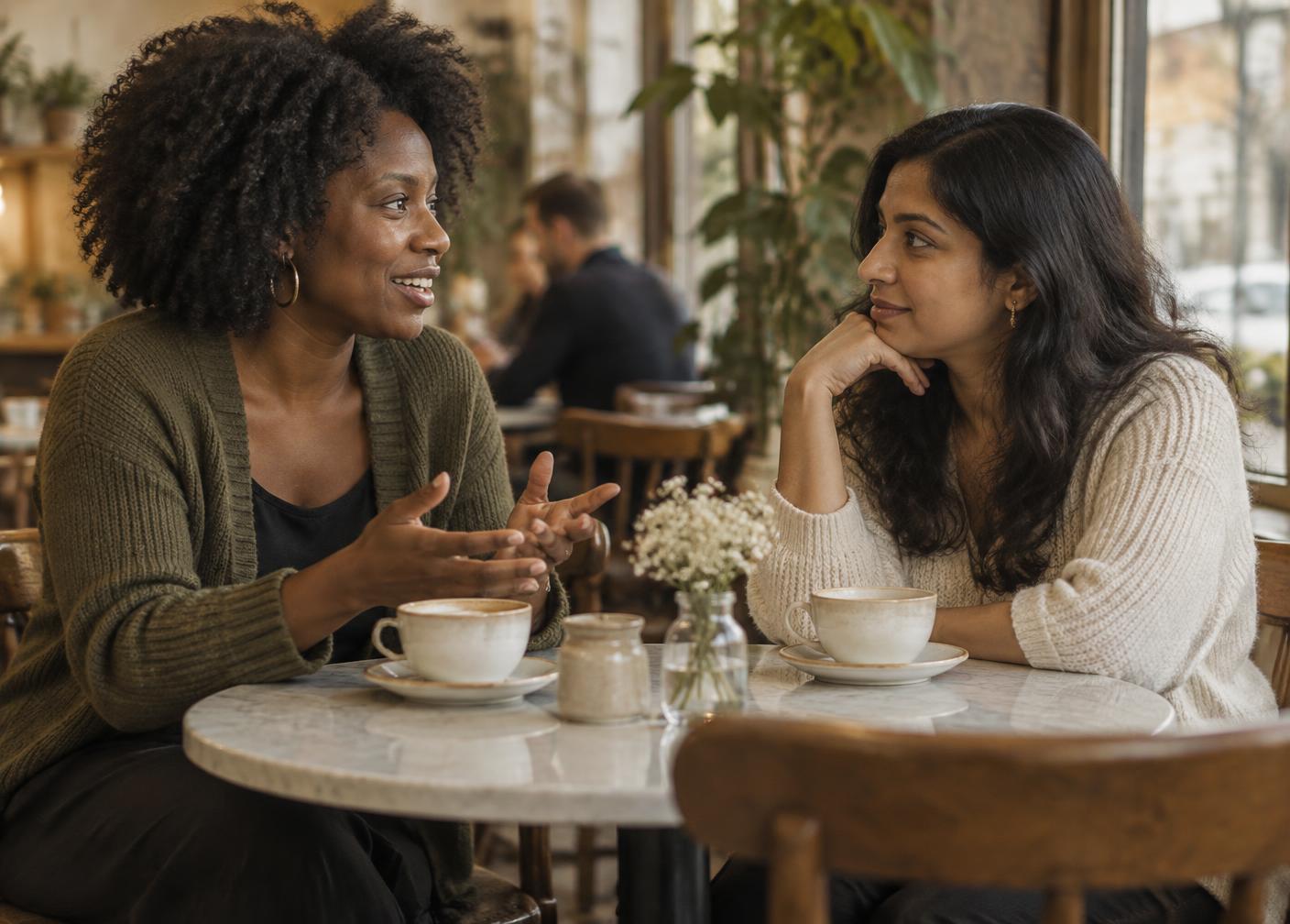Two women talking over coffee at a small cafe table