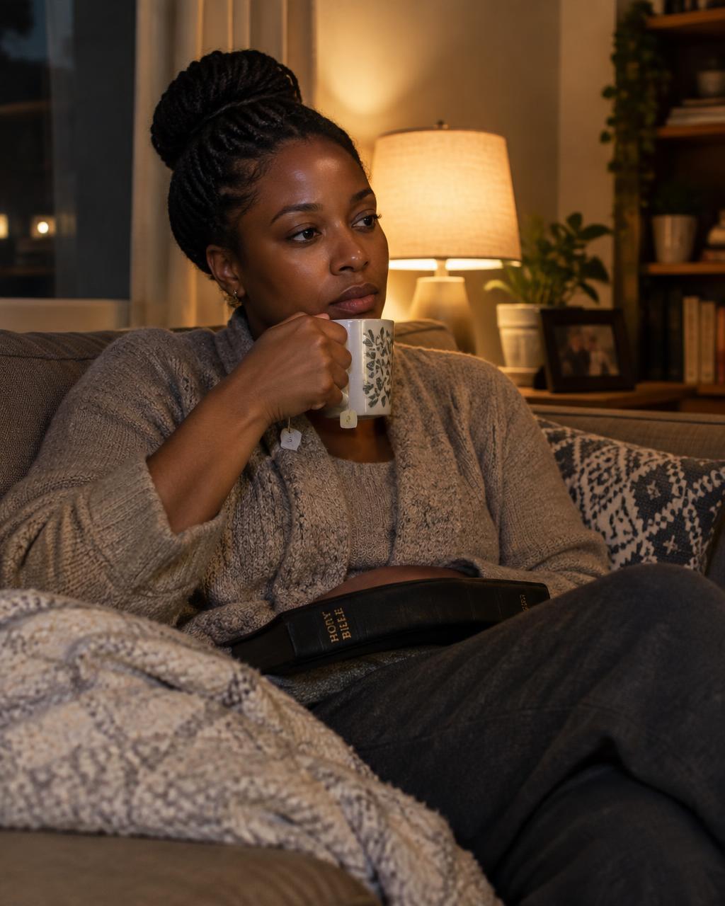 A woman at home in the evening with tea and her Bible, arriving somewhere quiet after a long day