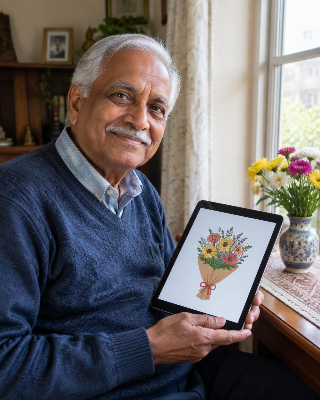 A man smiling as he opens a virtual flower card on his tablet
