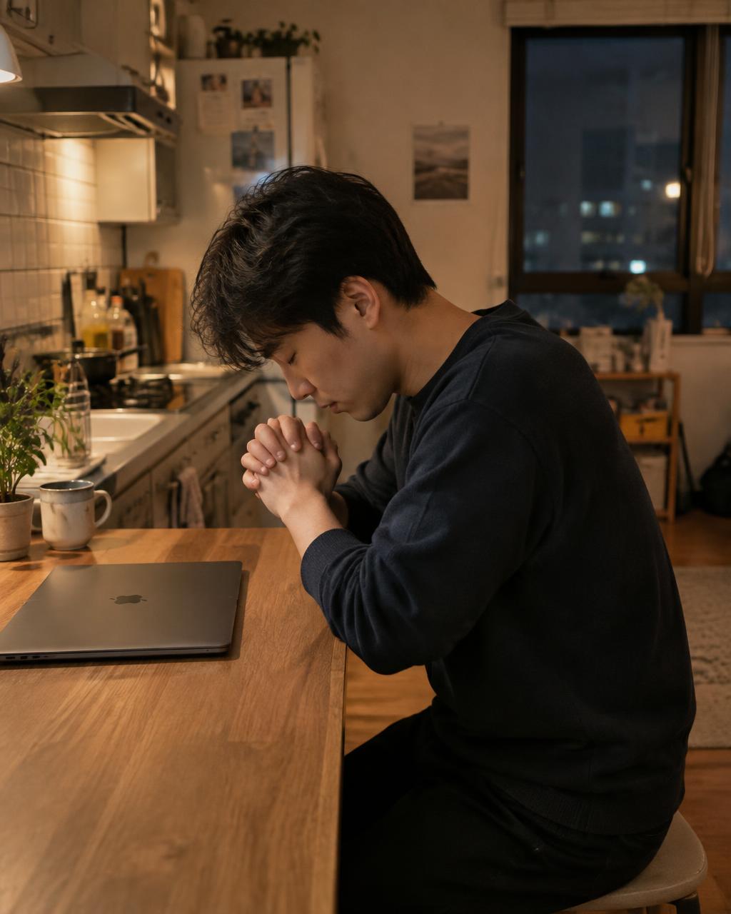 A young man pausing to pray at his kitchen counter in another home