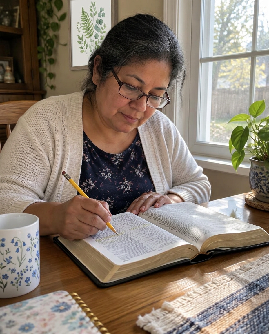 A woman at her dining table reading Scripture and choosing a verse to share