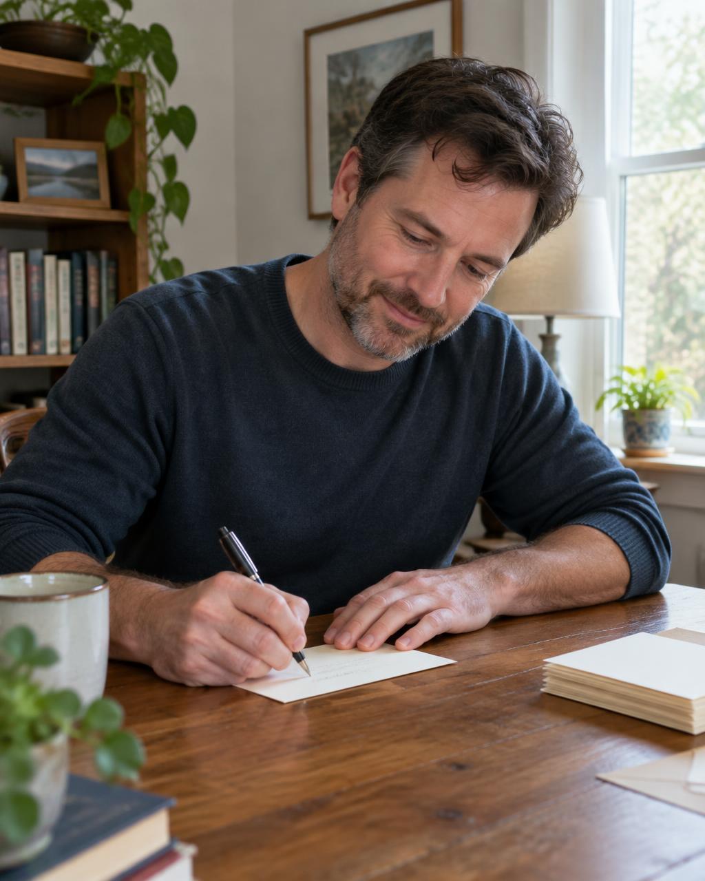 A man writing a short note of encouragement for another member