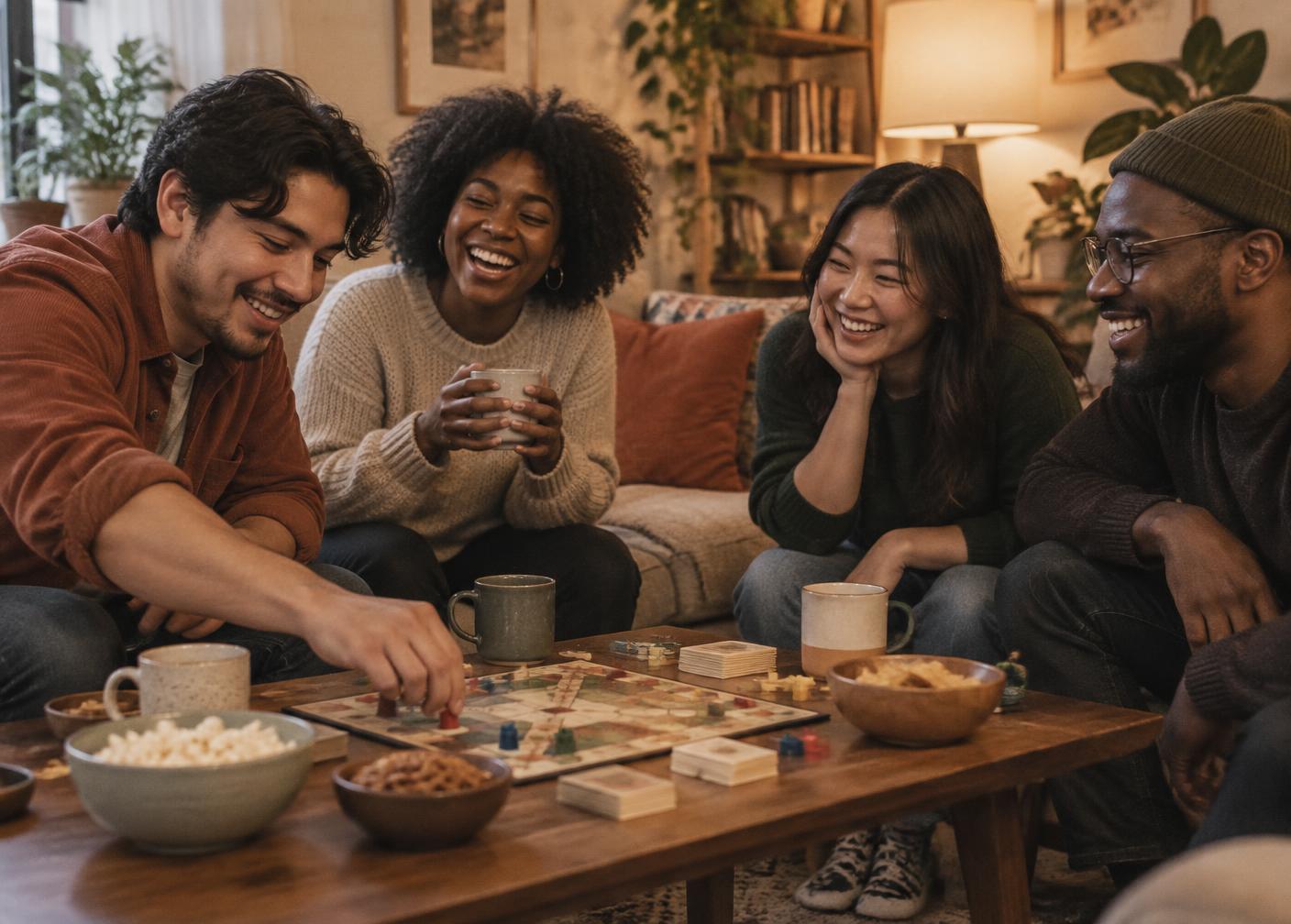 Four friends laughing around a board game in a living room