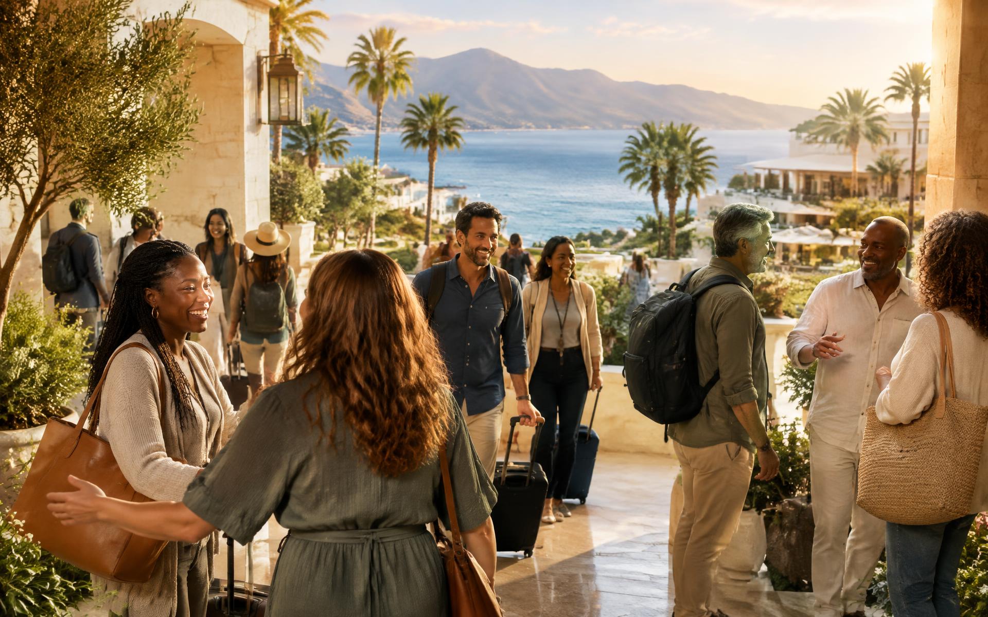 A diverse group of Christian singles arriving together at a retreat setting