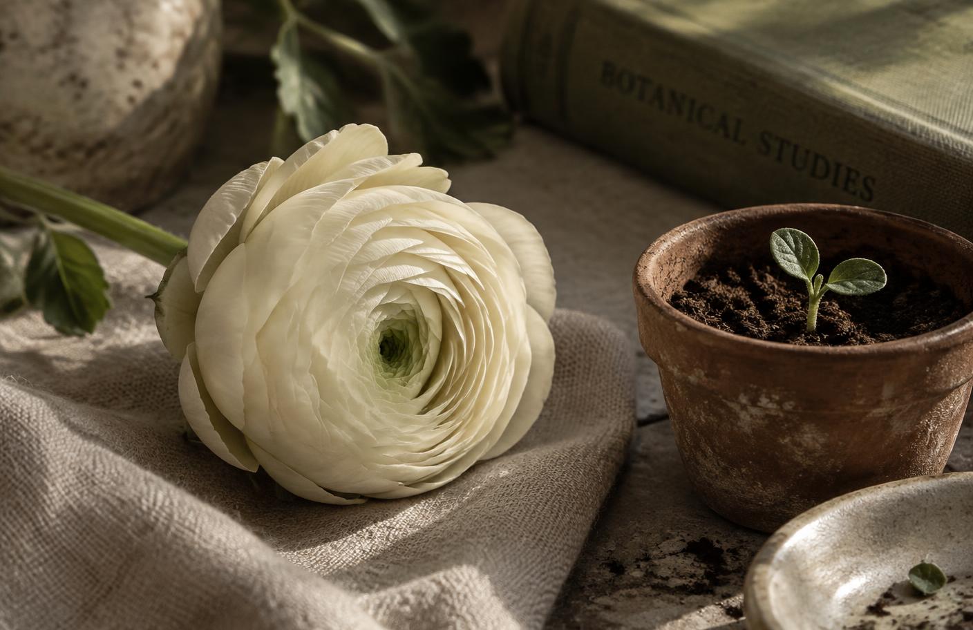 A cream bloom resting on linen beside a small pot holding a green seedling