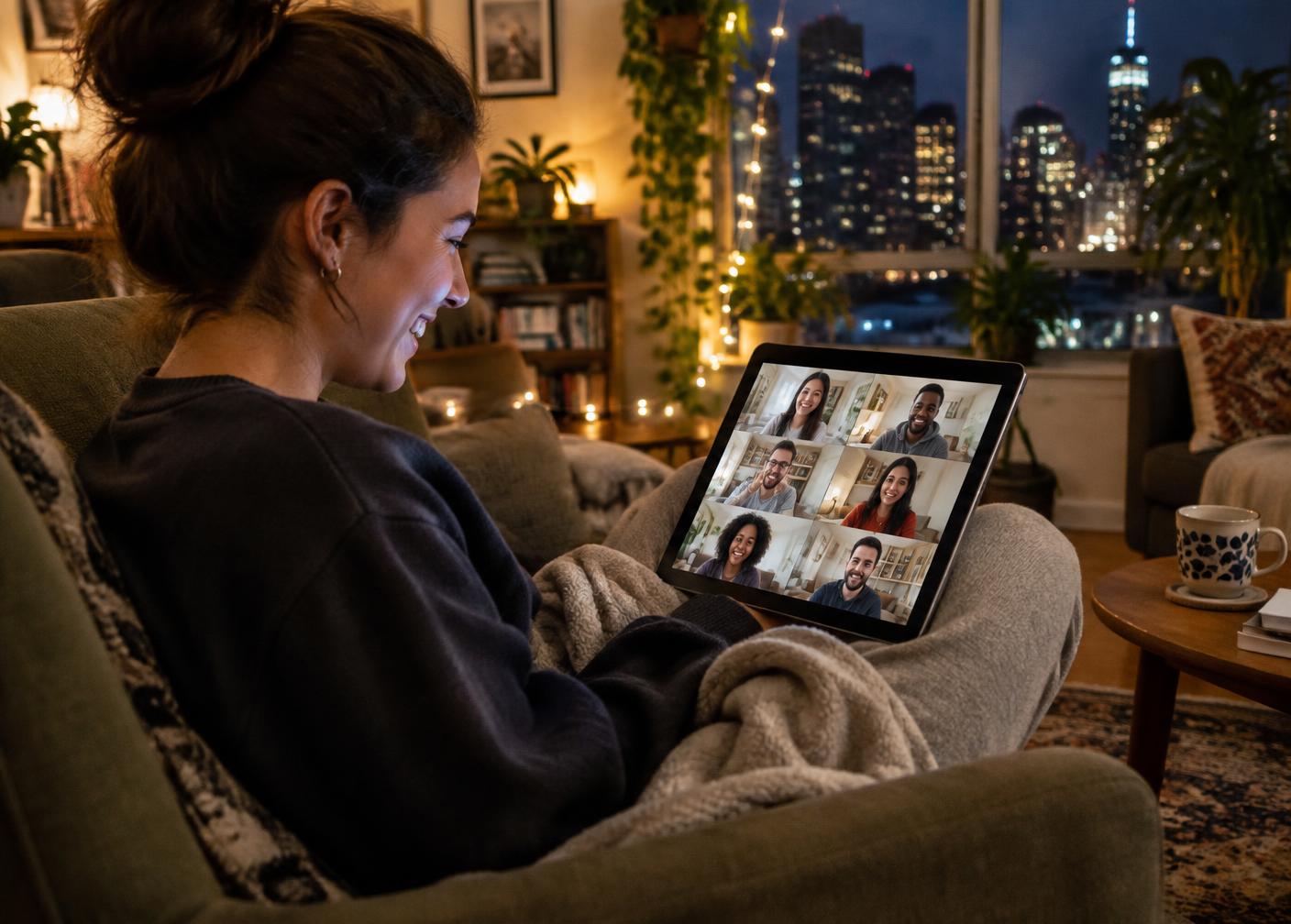A woman relaxing in an armchair with a blanket, laughing during an online conversation on her tablet