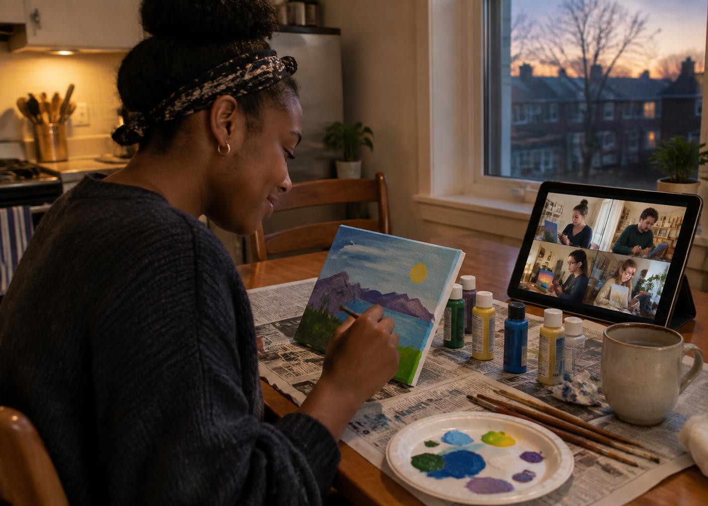 A woman painting at her kitchen table while others paint along on a tablet screen