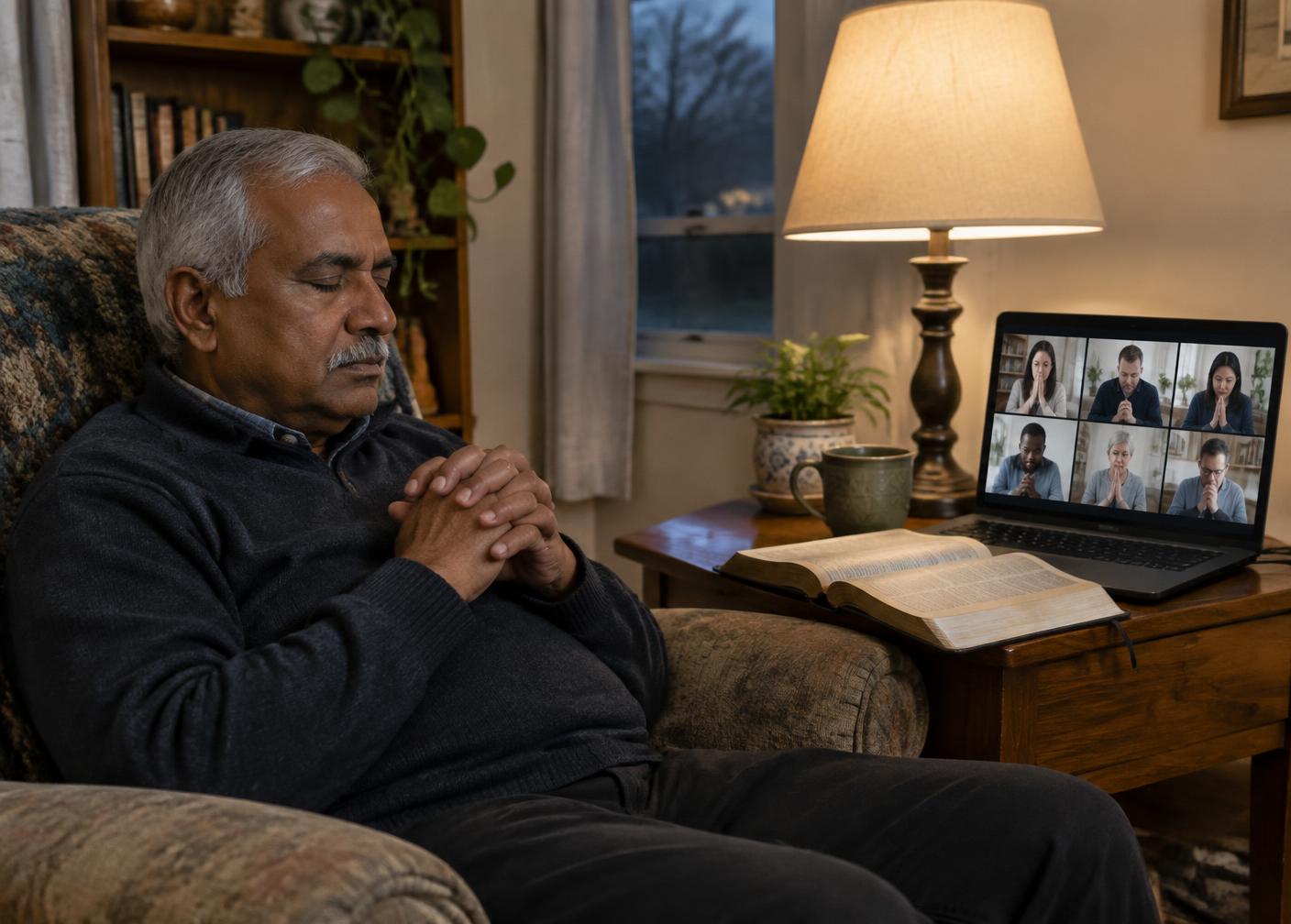 An older man praying in his armchair with an open Bible and others praying together on a laptop screen