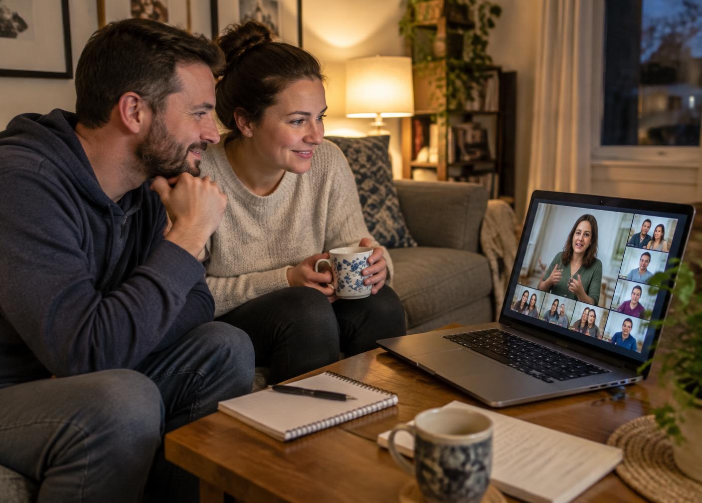 A couple on their sofa watching a presenter and other members join an online seminar