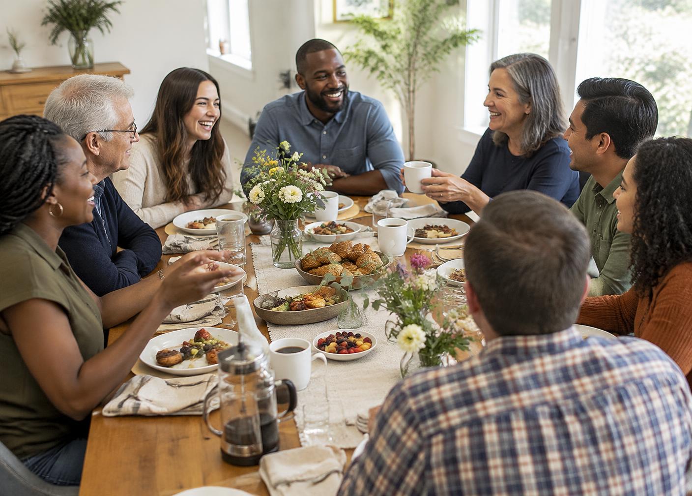 Eight people of different ages and backgrounds laughing around a brunch table by a bright window